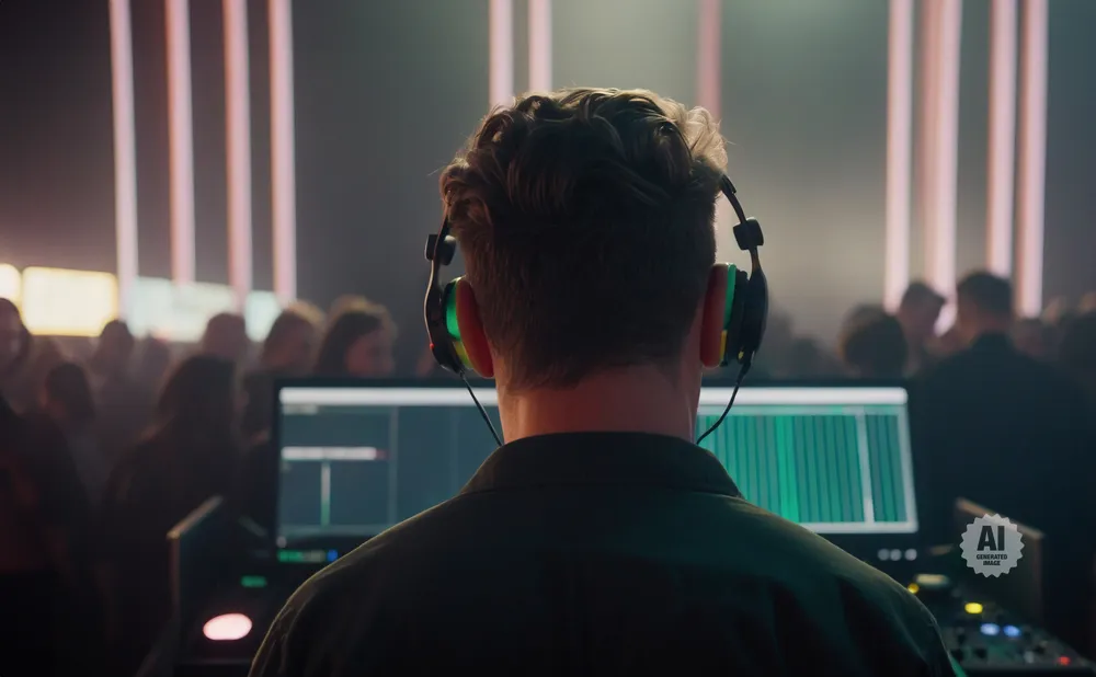 DJ wearing headphones and looking at a laptop screen with music software, with a blurred crowd in the background.