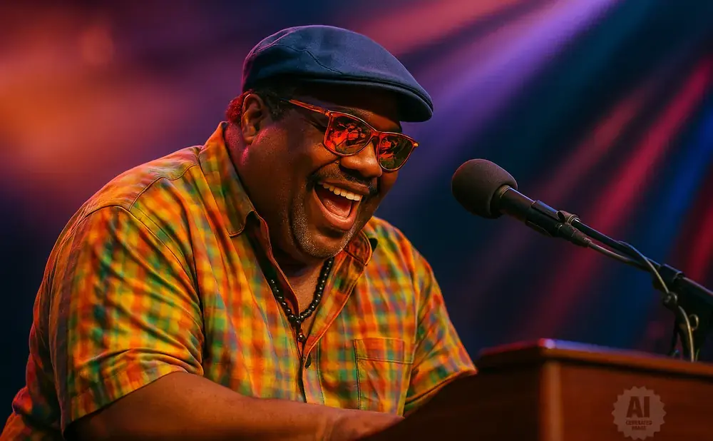 A Black man in a colorful shirt and cap smiles while playing a keyboard, with a microphone in front of him.