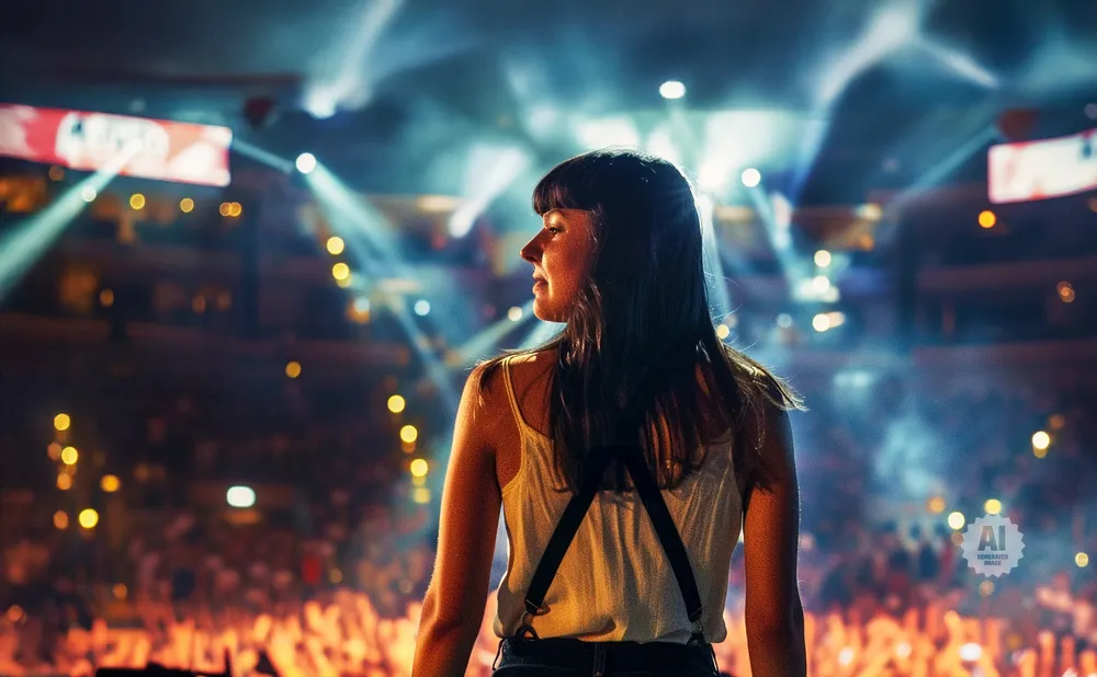 A woman in a white tank top stands on stage facing a cheering crowd, illuminated by spotlights.