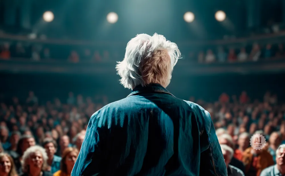 Person with white hair in a denim jacket stands on stage facing a large, dark audience.