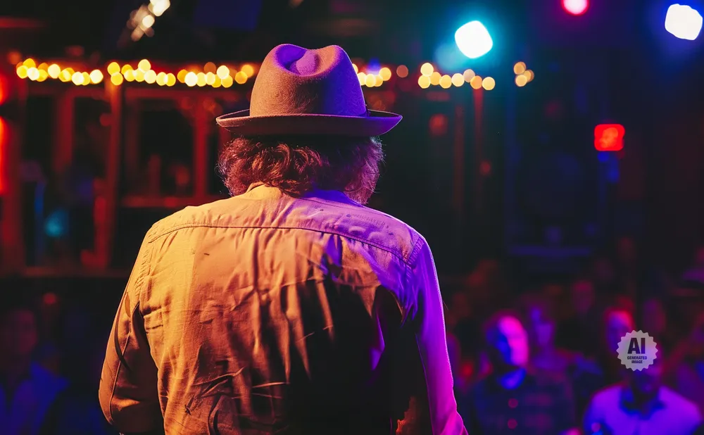 Man in a fedora on stage, viewed from behind, with colorful stage lights and a blurred audience.
