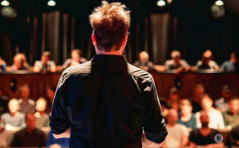 Man with tousled hair on stage, back to the camera, facing a blurred audience in a dimly lit venue.