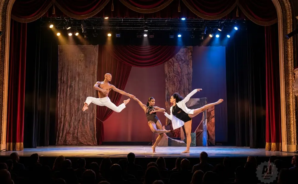 Dancers perform on a stage with red curtains, dramatic lighting, and an audience watching.