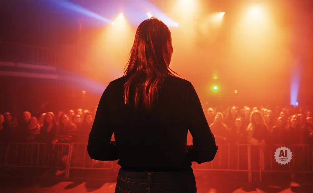 A person with long hair stands facing a crowd at a concert, bathed in red and orange stage lights.