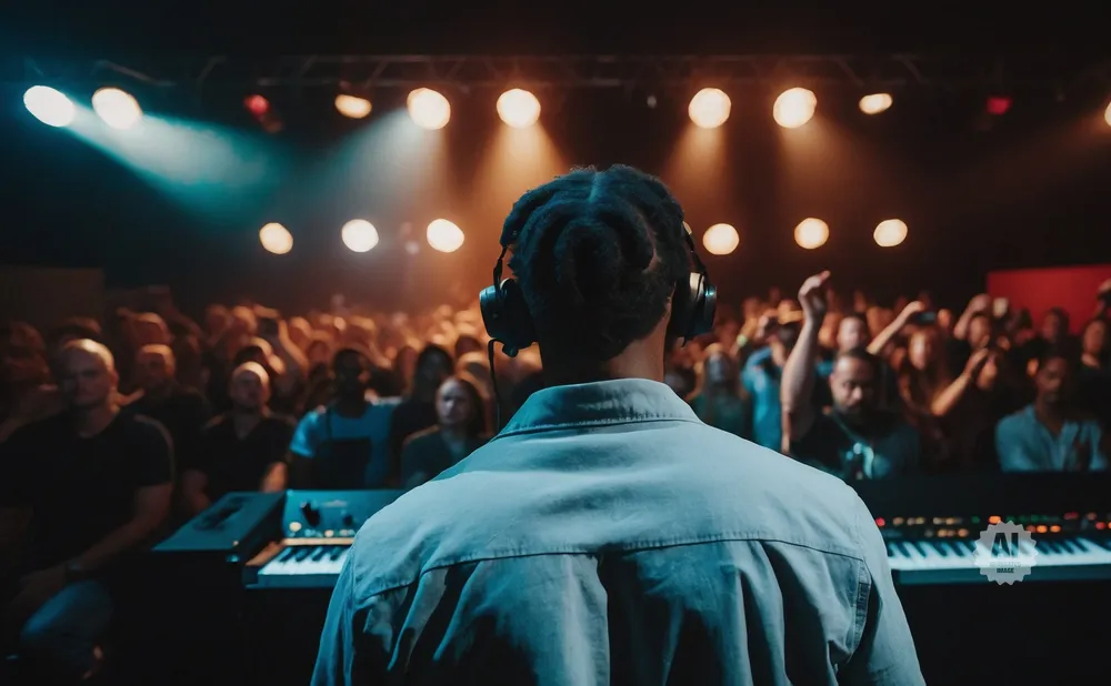 Man with headphones faces a cheering crowd in front of a keyboard.