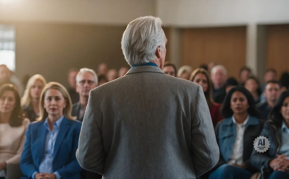A speaker addresses an audience from behind, seen from the back, in a sunlit room.