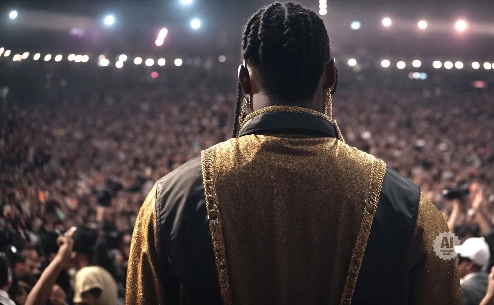 Man with braided hair and gold chains on jacket faces large, blurred crowd.