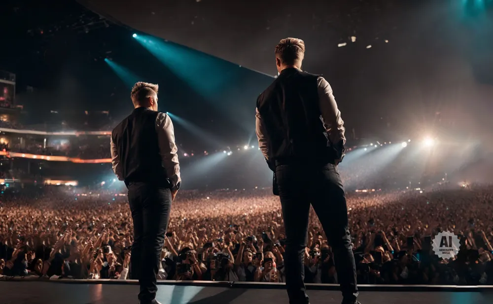 Two men in vests and collared shirts stand on a stage, facing a large, cheering crowd at a concert.
