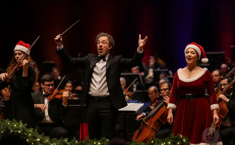 Conductor and singer in festive attire on stage with an orchestra during a holiday performance.