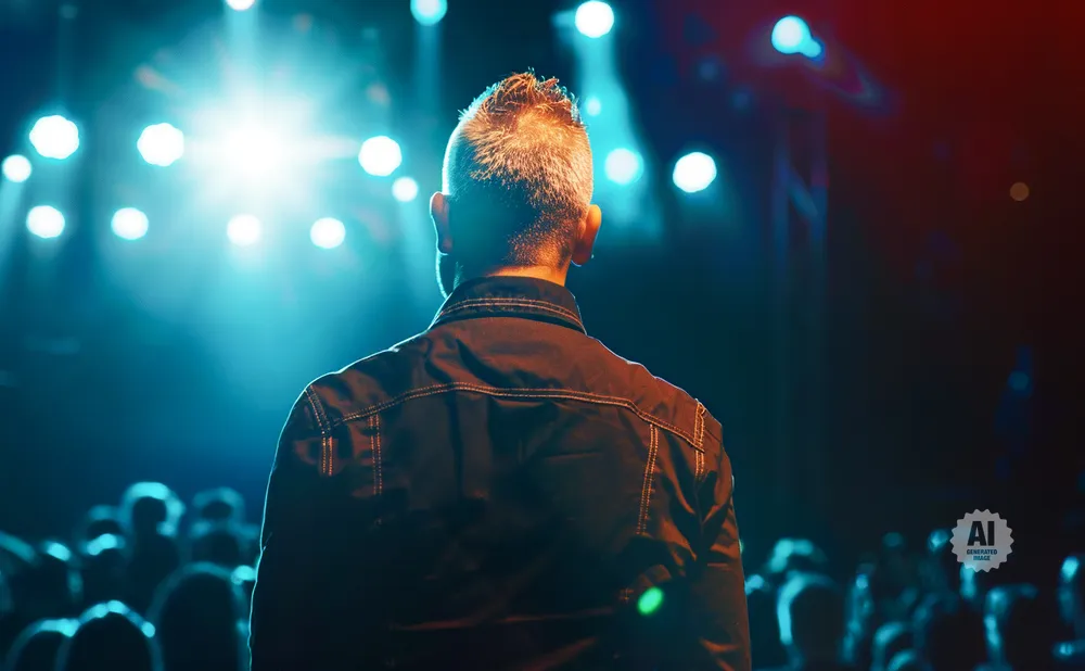 Back of a man with mohawk hairstyle on stage, facing a bright spotlight and blurred audience.