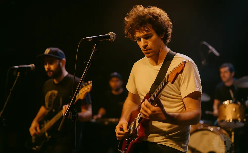 A band performs on a dimly lit stage. The lead guitarist, foreground, plays a red electric guitar.