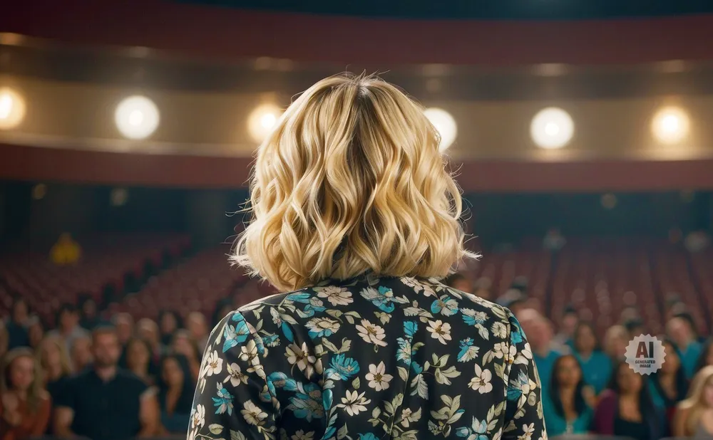 Woman with blonde curly hair faces away from camera, speaking to a seated audience in an auditorium.