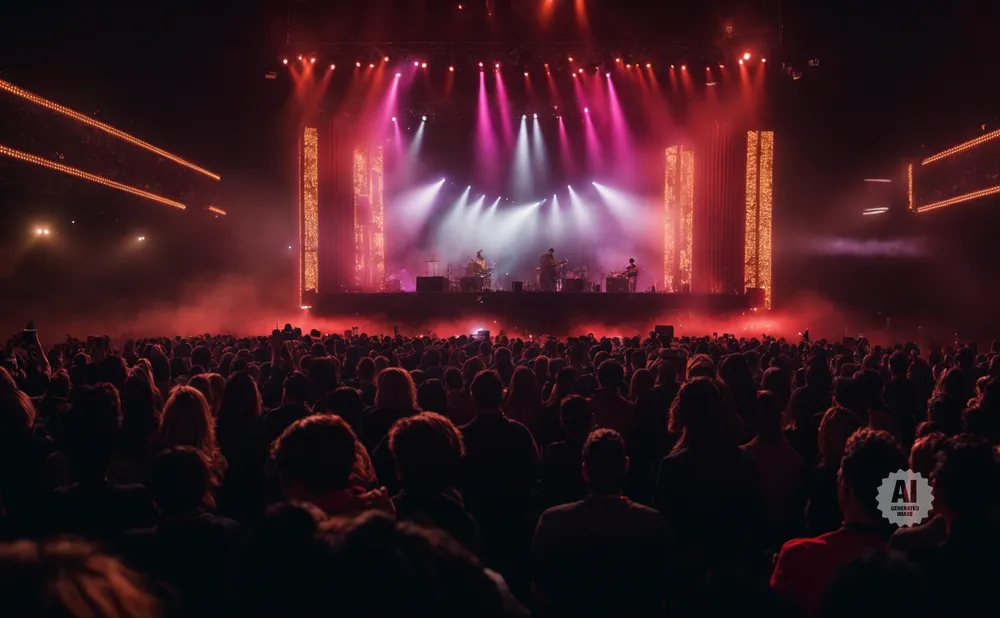 A band performs on a stage at a concert, with bright pink and white lights illuminating the stage and a large crowd in the foreground.
