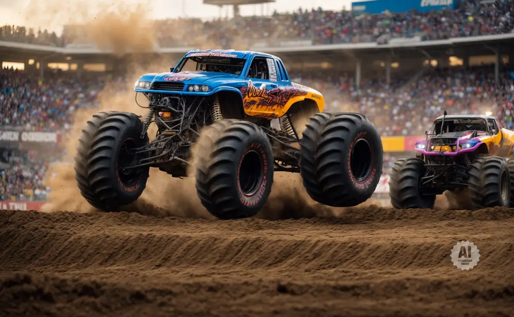 Blue monster truck leaps over a dirt ramp in a stadium, with another truck behind it.