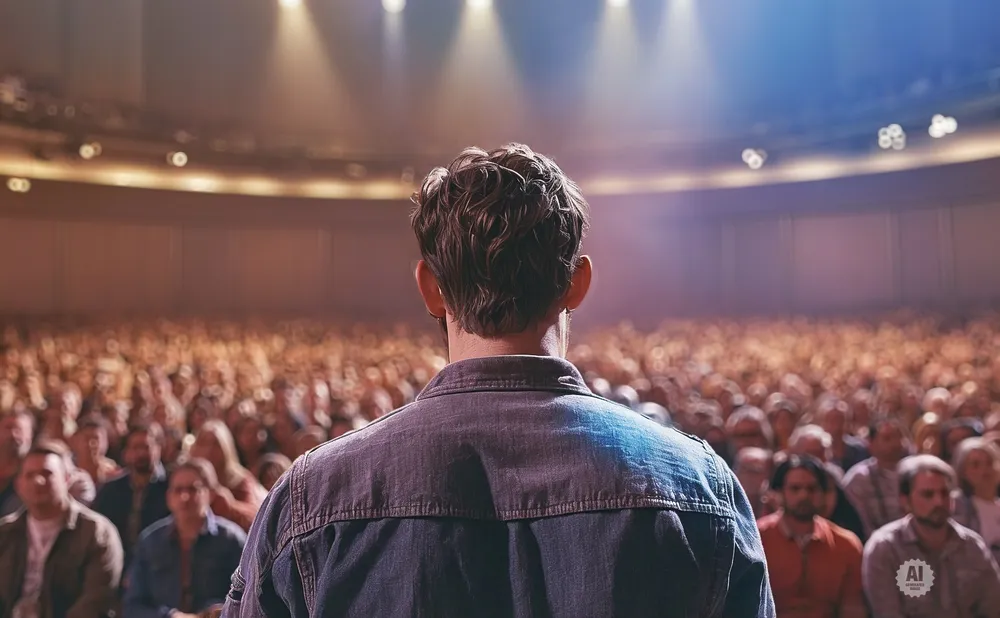 A speaker facing a large, dimly lit audience on stage with spotlights above.