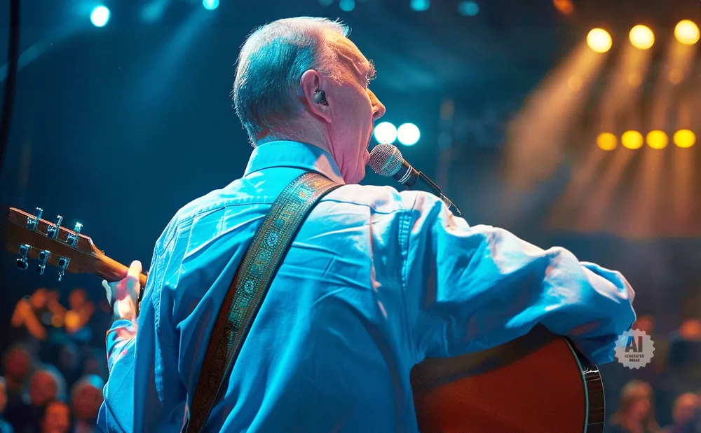 An older man plays guitar and sings into a microphone on a brightly lit stage.