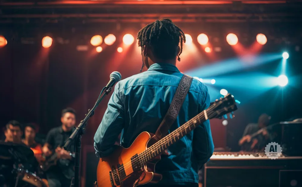 A guitarist performs on stage with a band, bathed in colorful stage lights.