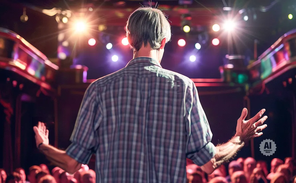 A man in a plaid shirt speaks to an audience on a brightly lit stage.