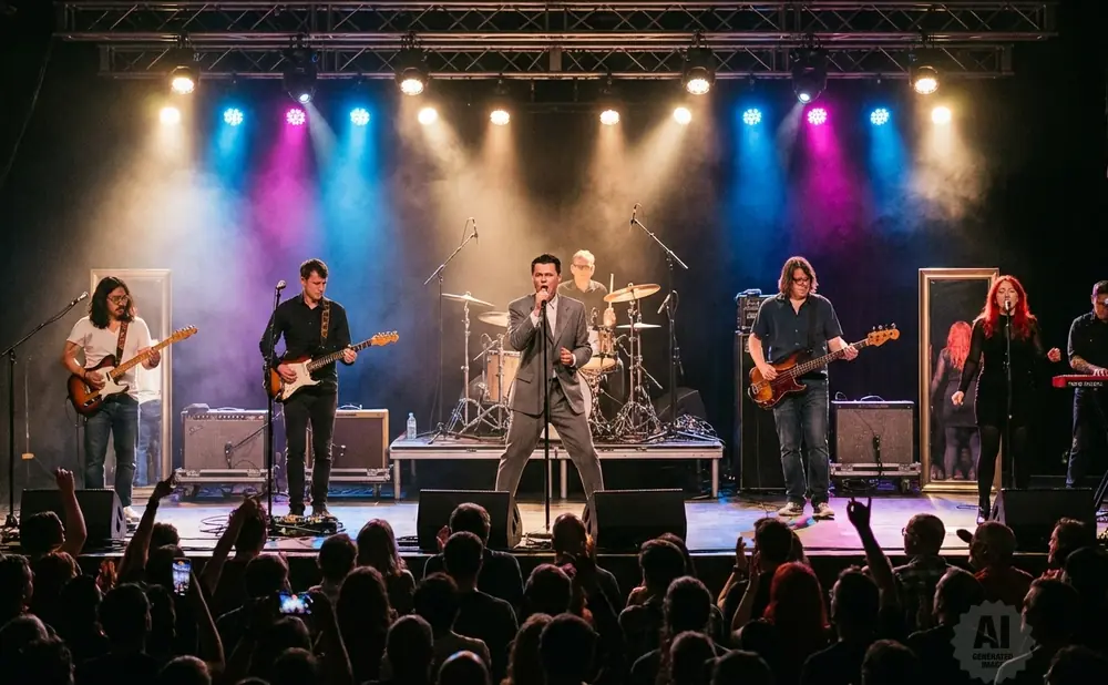 A band performs on stage with colorful lights and a cheering audience in the foreground.
