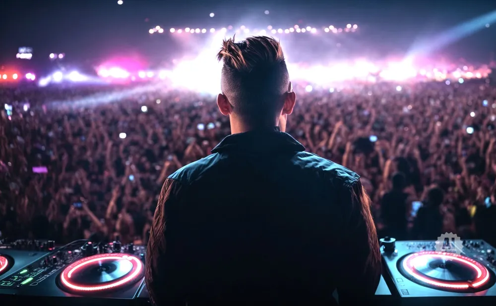 DJ at a concert with a cheering crowd in the background.