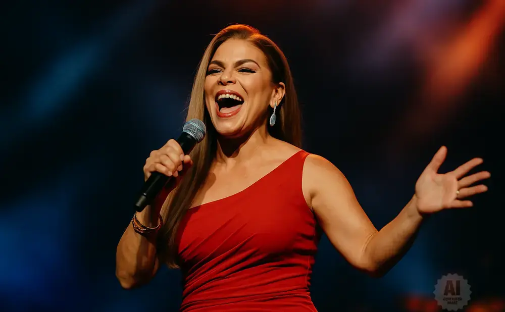 A woman in a red dress sings into a microphone with her mouth open and her right hand raised.