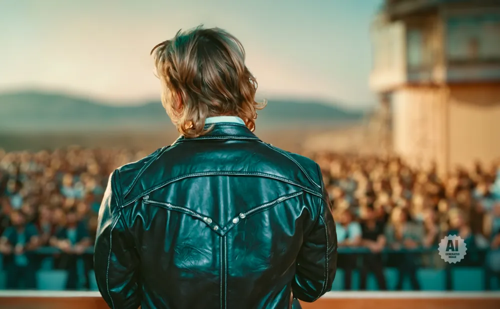 Man in a black leather jacket facing a large, blurred crowd at an outdoor event.
