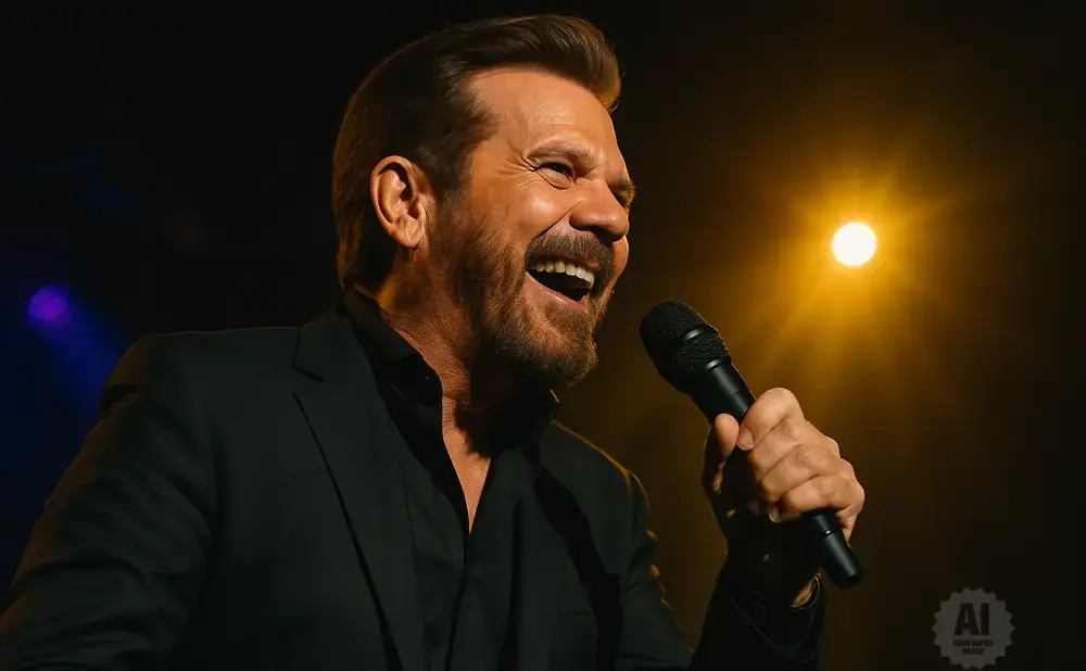 A man in a black suit sings into a microphone, laughing under a bright spotlight.