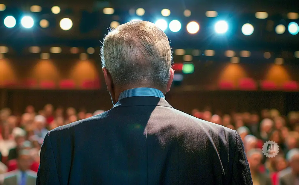 Man in a suit facing away from camera addressing an audience under bright stage lights.