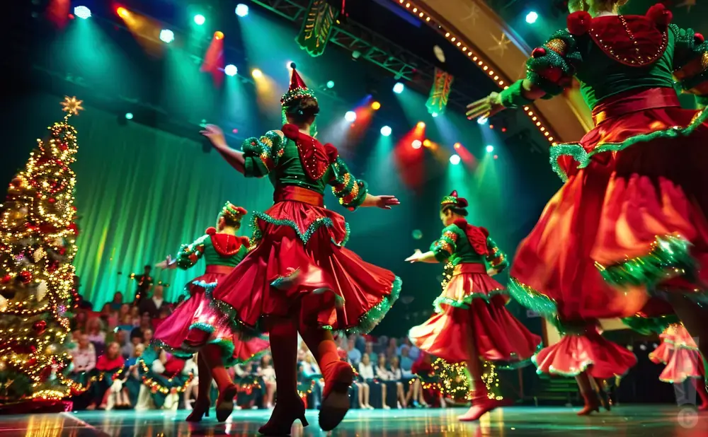 Dancers in festive red and green elf costumes perform on a stage with a Christmas tree and audience.