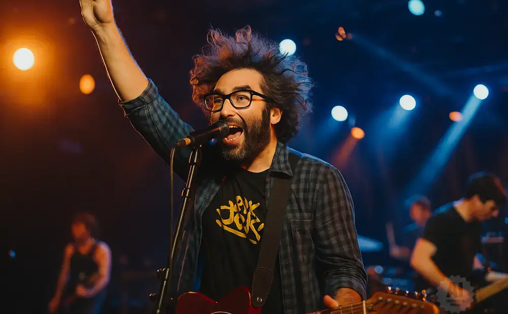 A man with wild hair and glasses sings into a microphone while playing guitar on stage.