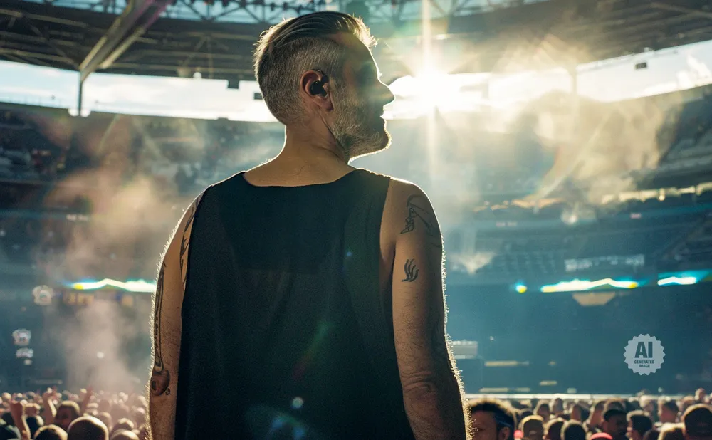 Man with tattoos on arm looks out at a sunlit stadium concert crowd.
