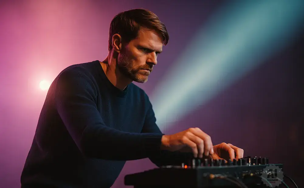 Man with beard in a dark sweater adjusts knobs on a synthesizer with purple and blue lights in the background.