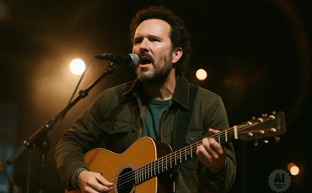 A man with a beard sings into a microphone while playing an acoustic guitar on stage.