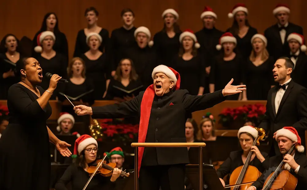 A choir director in a Santa hat leads a choir and orchestra, who are also wearing festive hats, in a Christmas performance.
