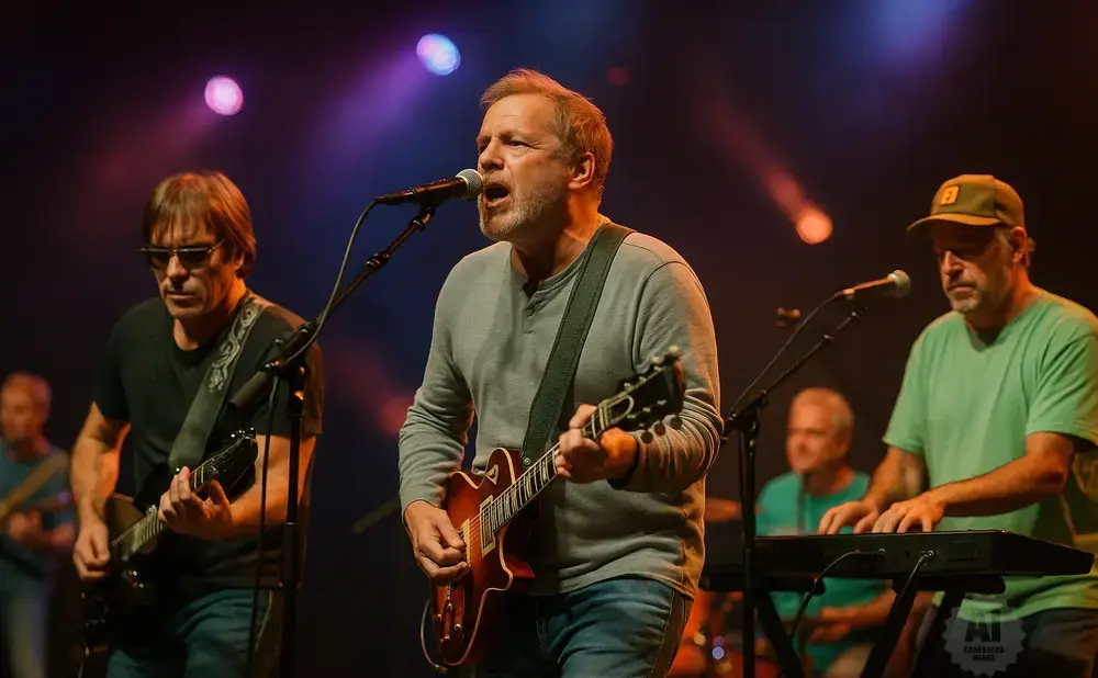 A band plays music on stage with colorful lights.