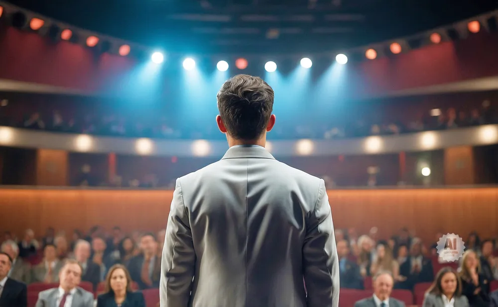 A man in a suit stands with his back to the camera on a stage, facing an audience in a dimly lit auditorium.