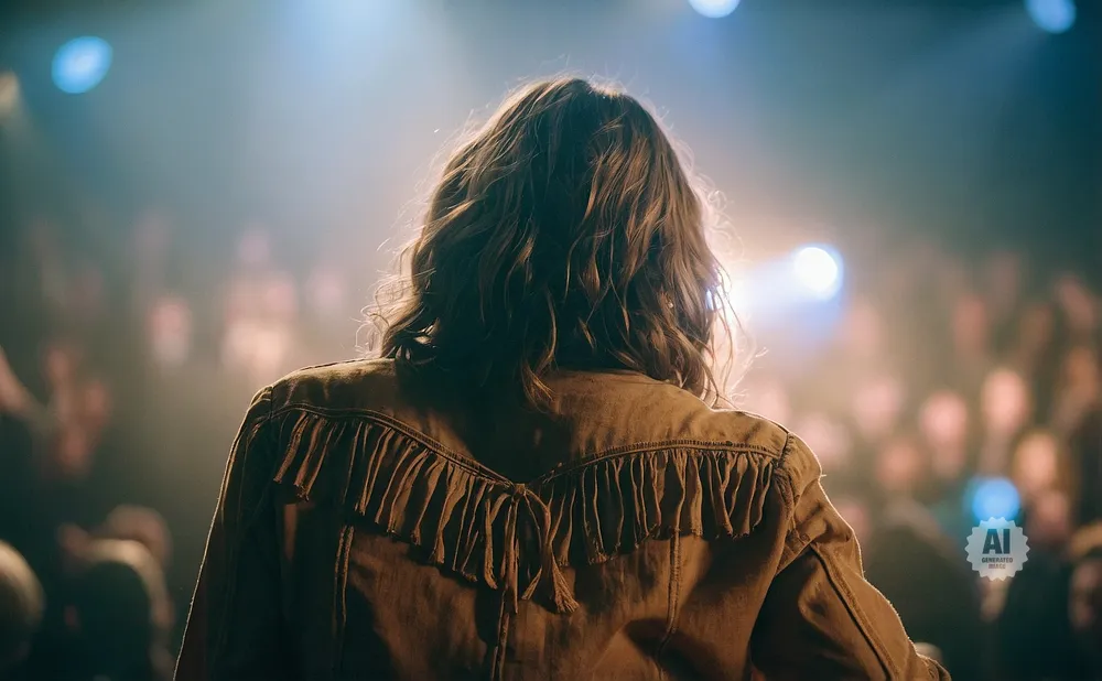 A person with curly brown hair seen from behind, wearing a fringed jacket, faces a blurry crowd under stage lights.