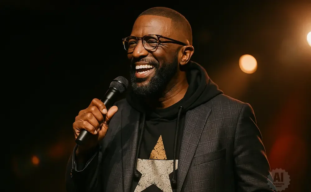 A Black man with a beard and glasses laughs while holding a microphone.