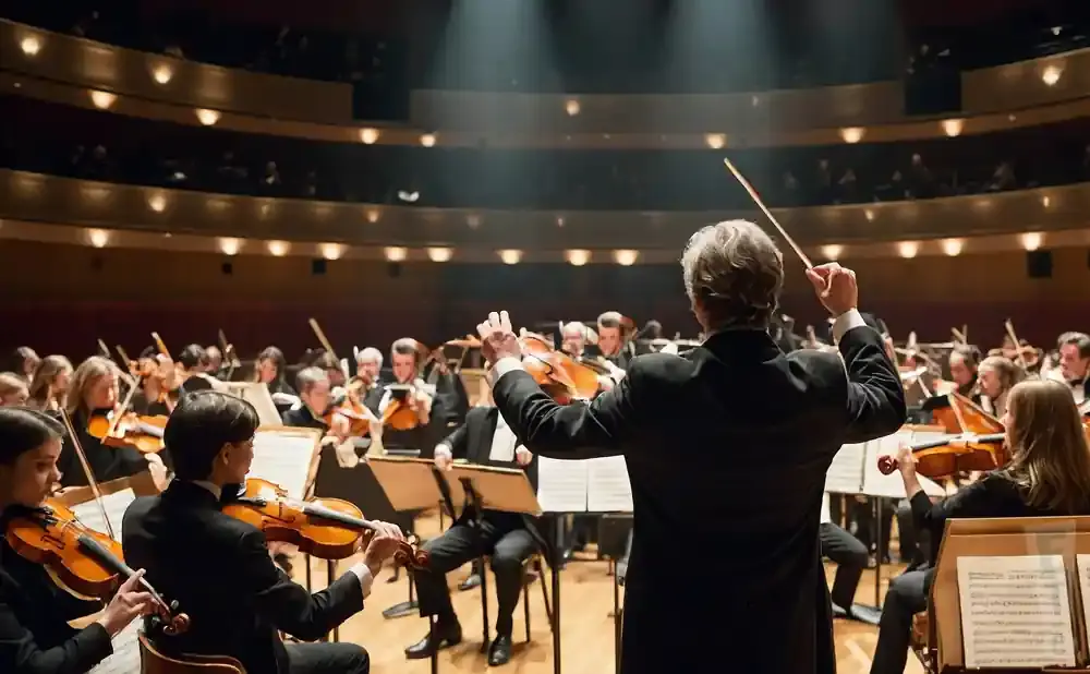 An orchestra performs under a conductor's baton in a grand concert hall.