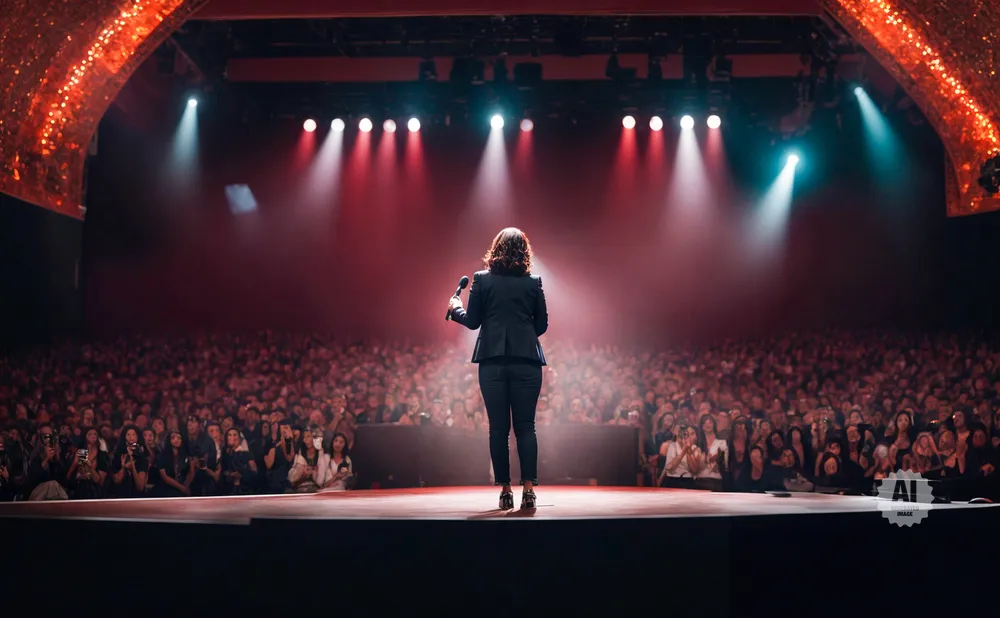 A performer speaks into a microphone on a stage in front of a large, seated audience.