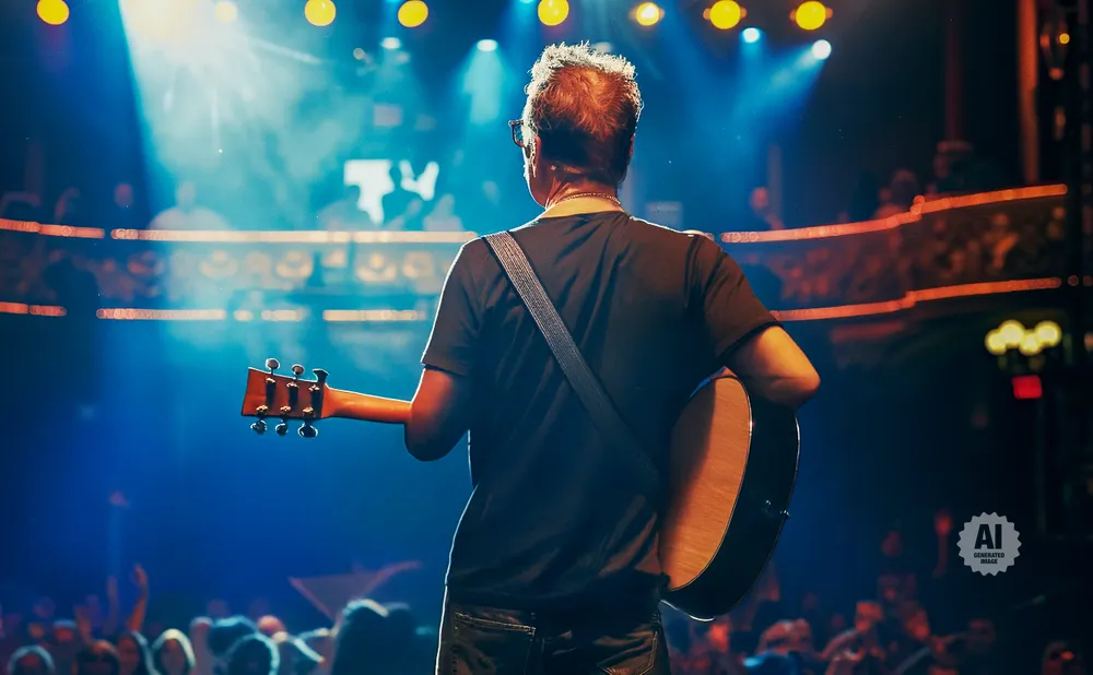 Musician with acoustic guitar on stage in front of a cheering audience.