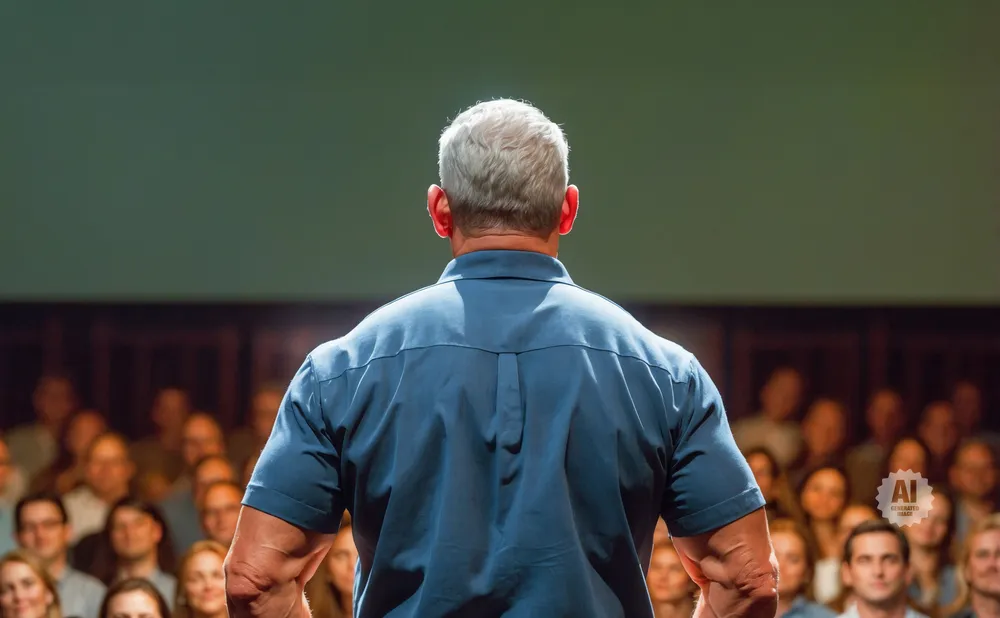 Man with gray hair and muscular build in a blue shirt facing a blurred audience.