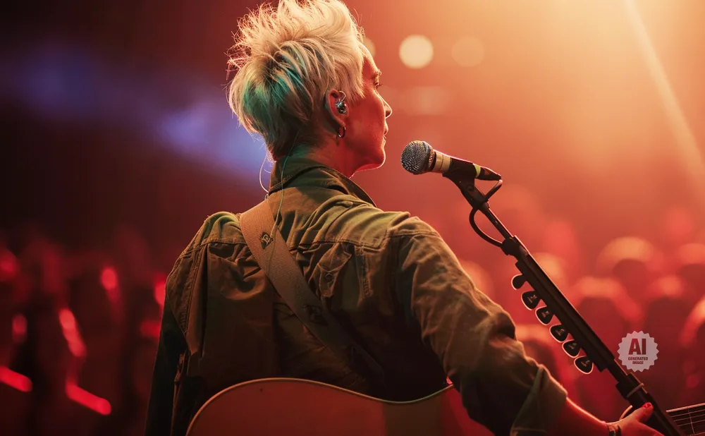 A person with short, spiky blonde hair plays an acoustic guitar and sings into a microphone on stage.