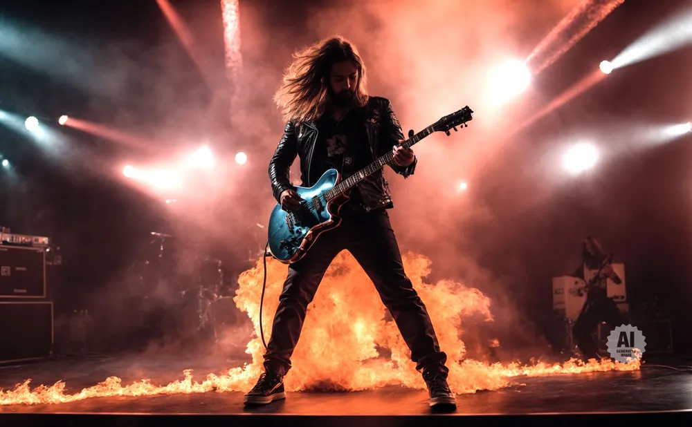 A guitarist plays on stage with flames and smoke surrounding him.