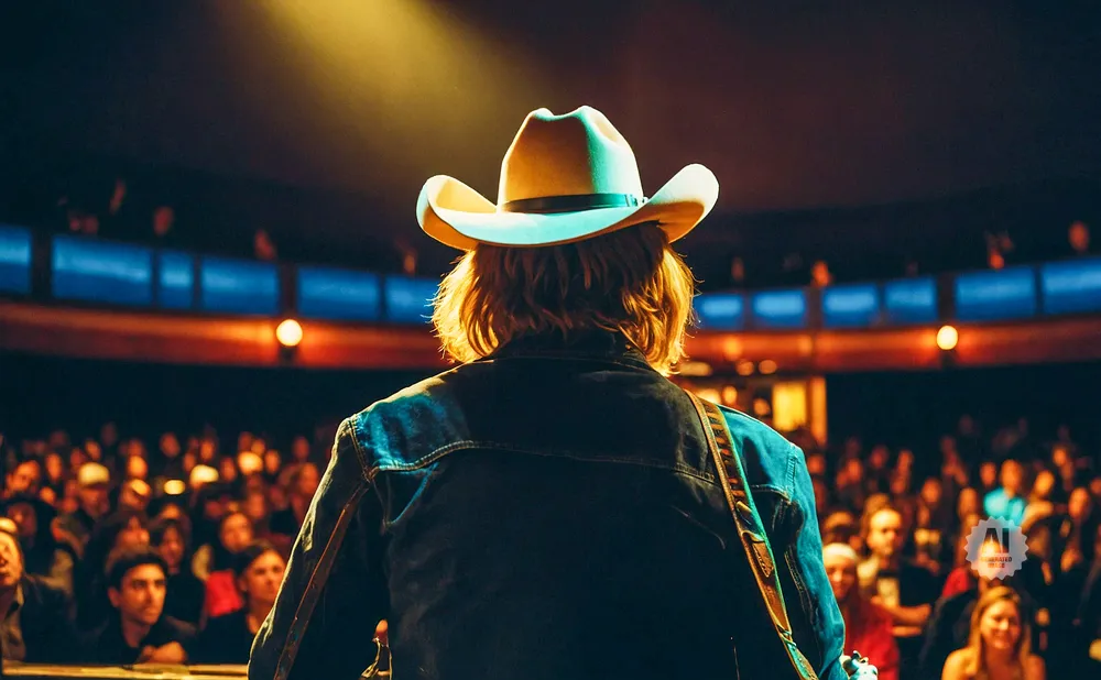 A musician wearing a cowboy hat and denim jacket plays guitar for a cheering crowd.