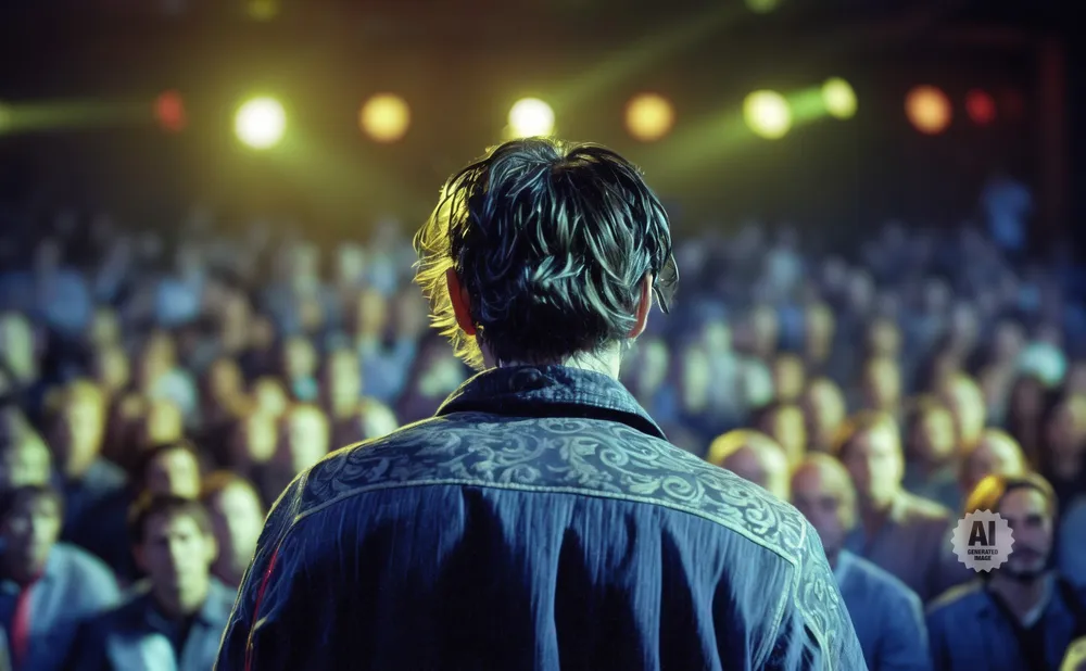 Back view of a person speaking to a blurred audience under stage lights.