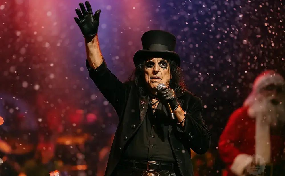 Alice Cooper in a top hat and black suit with theatrical makeup, raising his gloved hand on stage with Santa Claus blurred in the background.