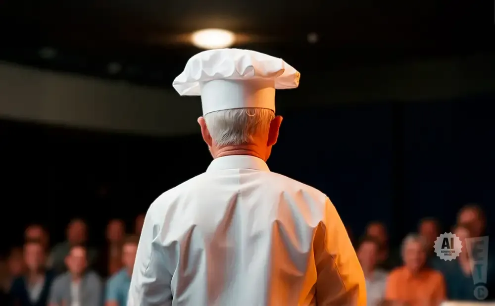 Chef in a white uniform and toque hat facing away from camera, with an audience blurred in the background.