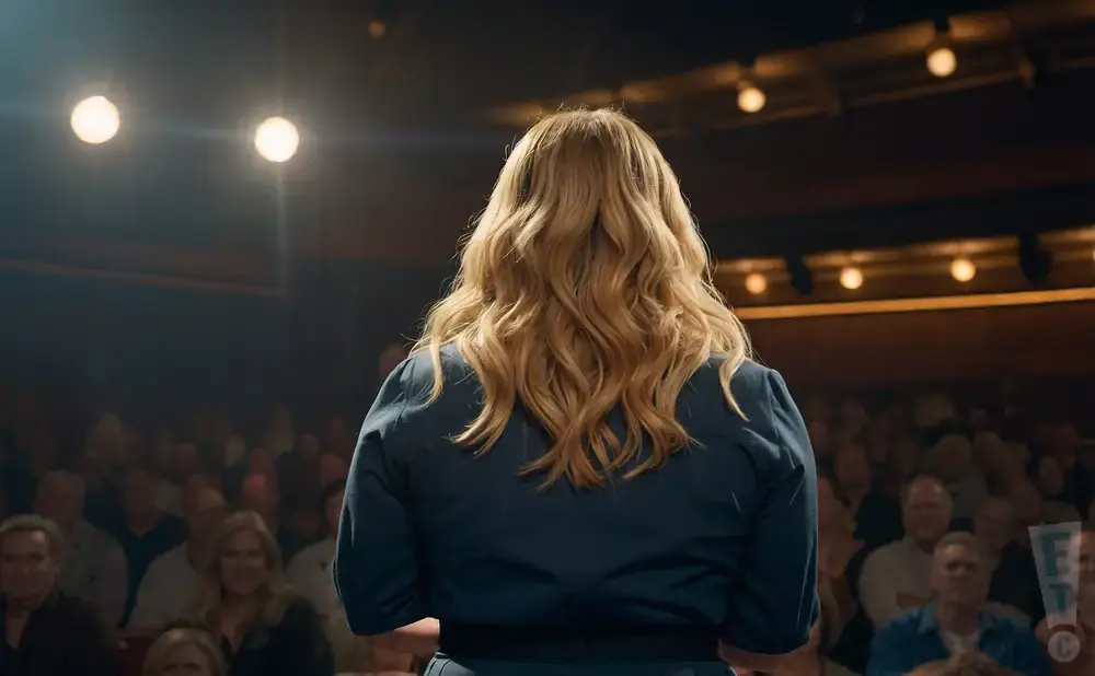 A woman with blonde hair faces a seated audience on a dimly lit stage.