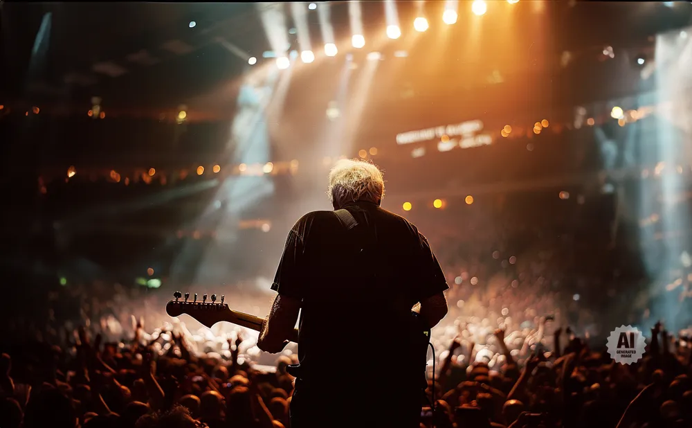 Guitarist with white hair plays on stage in front of a cheering crowd at a concert.